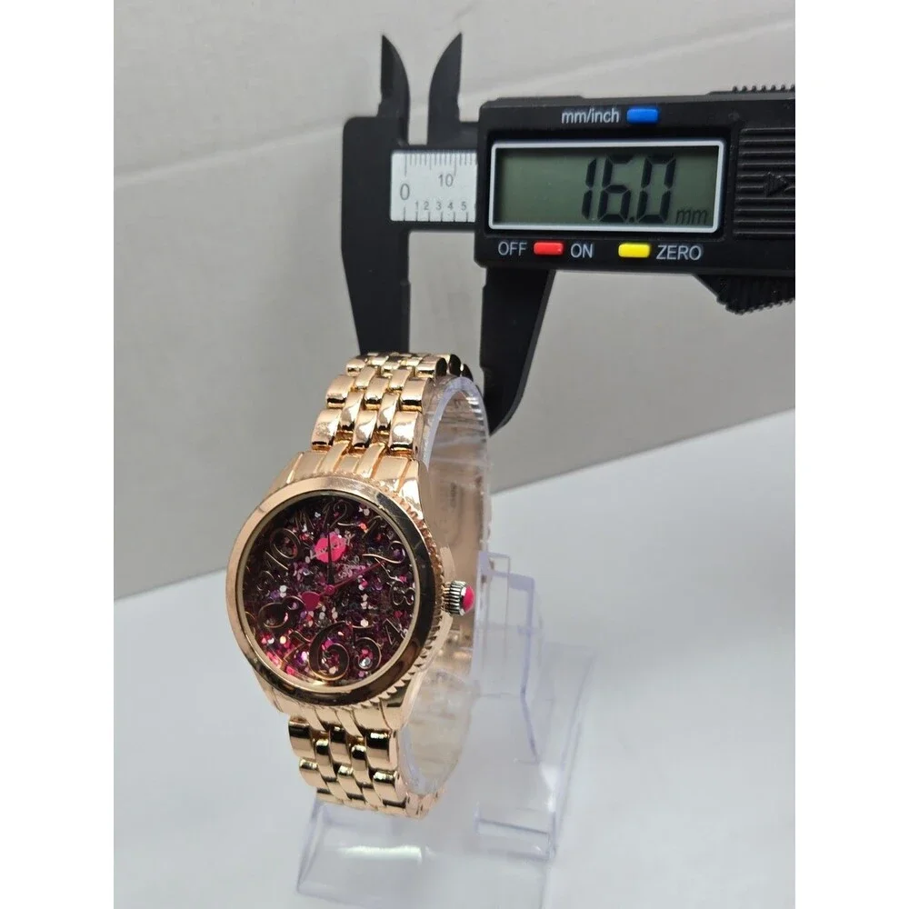 Womens Luv Betsey Johnson Pink Glitter Confetti Rose Gold 36mm Watch New Battery